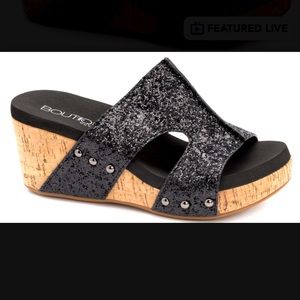 New Oasis Corky Wedges-Black Glitter Sz 7